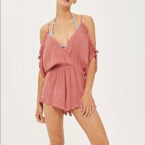 TOPSHOP ruffle dusty rose cold shoulder romper